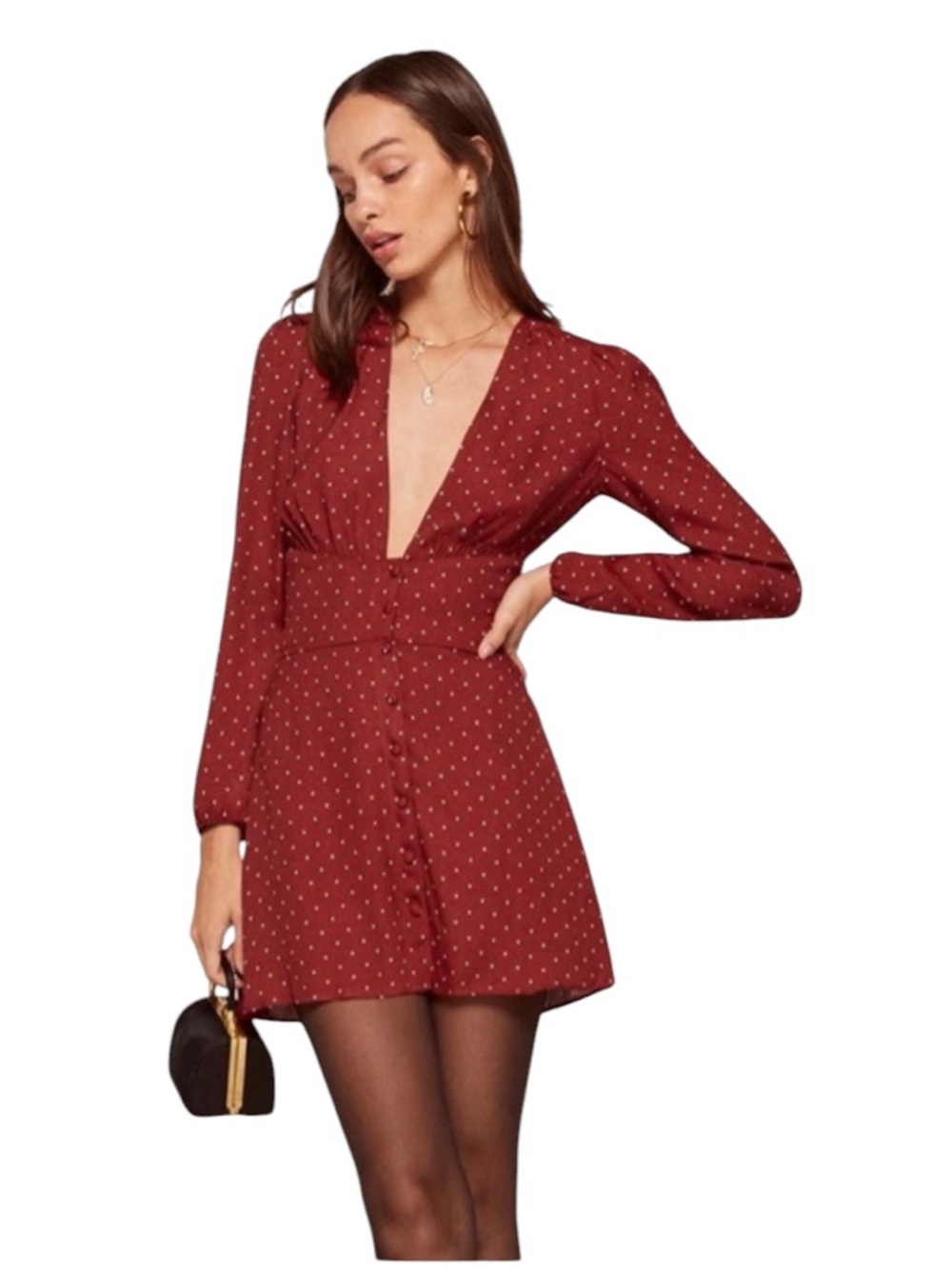 Reformation Elizabeth Burgundy Polka Dot Print Deep V Mini Dress – Size 0